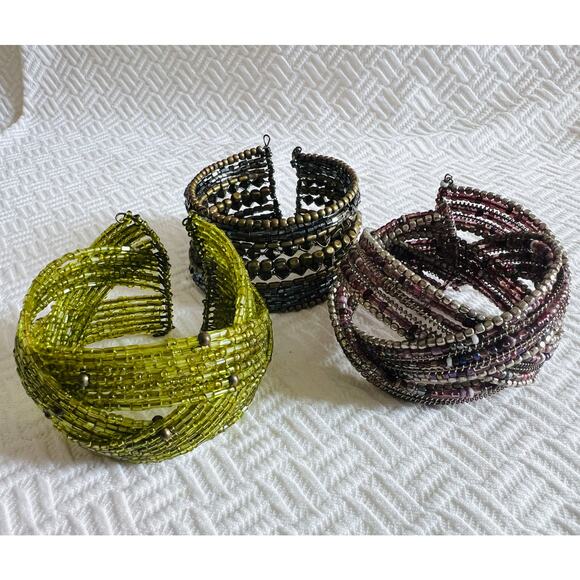 Vintage Beaded Cuff Bracelet Lot – Y2K Memory Wire Boho Jewelry – Set of 3 - Picture 1 of 13